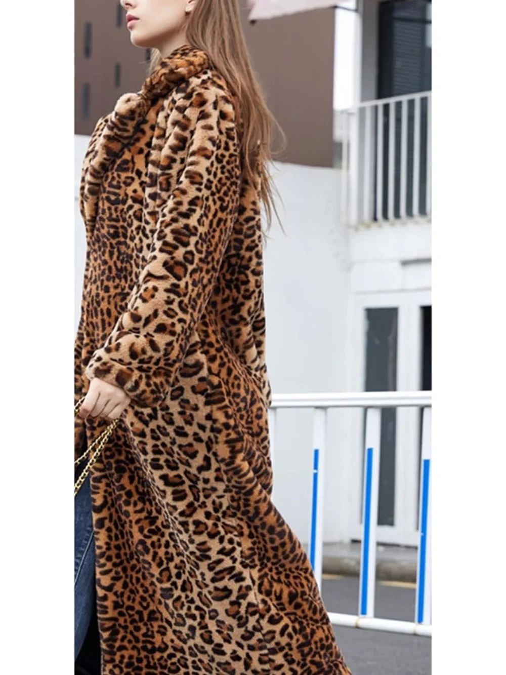 women Leopard Print Faux Fur Hooded Coat - Brown